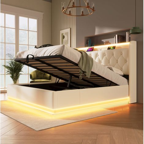 Polsterbett Doppelbett, 360-Surround-LED-Funktion, Drucktaste/App/Fernbedienung, 140200 cm, weiß PU-Material Hydraulisches Lagerbett, gepolstertes Kopfteil mit USB Typ-C Ladefunktion (Ohne Matratze) (1/5)