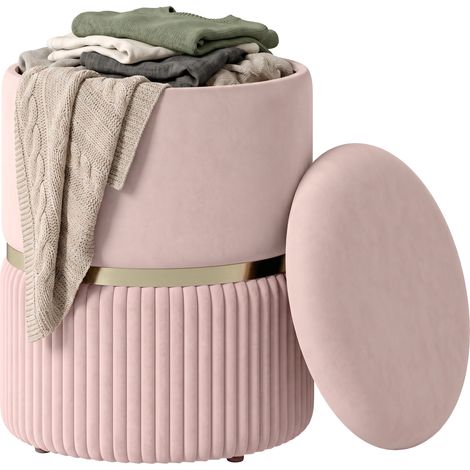 Pouf tabouret repose-pied coffre rangement velours côtelé, 36x36x44 cm, rose (1/5)