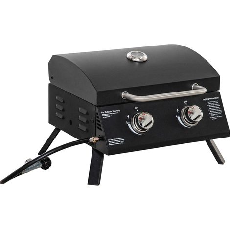 Gasgrill BBQ klappbar mit 2 Brennern und Deckel, ablesbarem Thermometer, 55 x 46,5 x 41 cm, Kohlenstoffstahl & Edelstahl, Schwarz