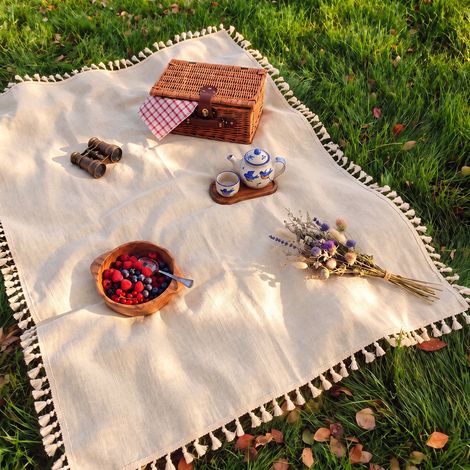 Tapis de pique-nique en lin fin TPU avec bordure dentelle blanc cassé 120-60cm, 30 × 30 × 8 cm, 100 g. – Livraison gratuite