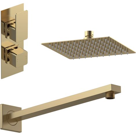 Balterley Empire Modern Square 1 Outlet Shower Valve, Head and Wall Arm Bundle - Brushed Brass