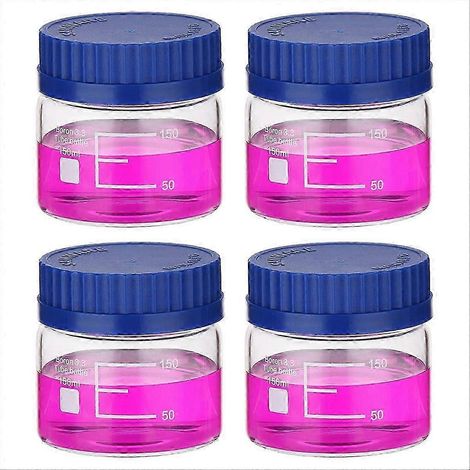 Lot de 4 flacons gradués de 150 ml en verre borosilicaté à large ouverture, avec bouchon à vis étanche GL32 et large zone de marquage, pour le stockage en laboratoire. (1/5)