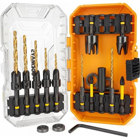 Lot de 15 forets coniques HSS pour le travail du bois avec tige hexagonale de 6,35 mm, comprend 2 fraises à bois, embouts de tournevis et tige d'extension avec boîte de rangement