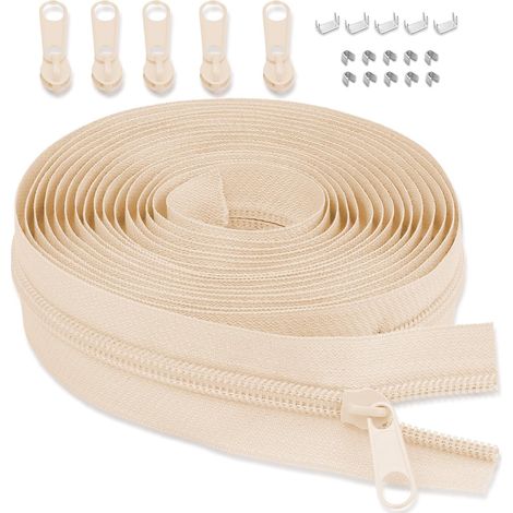 Cerniera senza fine con cursore: cerniera in nylon da 3,65 m - venduta al metro con 5 cursori per cucito, biancheria da letto e cuscini (03 Beige, cerniera da 3 mm) (1/5)