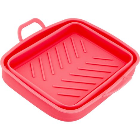 Lot de 2 tapis de friteuse en silicone résistant à la chaleur avec rainures et poignée, faciles à nettoyer (rouge).
