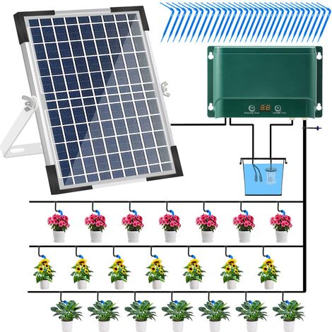 Système d'arrosage automatique solaire goutte à goutte de 10 W. Ce système d'arrosage automatique solaire convient aux massifs de fleurs, terrasses, pelouses, serres et plantes en pot il peut arroser (1/5)