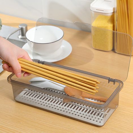 Support Organique Transparent avec Couvercle et Drainage - Plateau de Rangement pour Ustensiles de Cuisine en Plastique, 25 cm Gris (1/5)