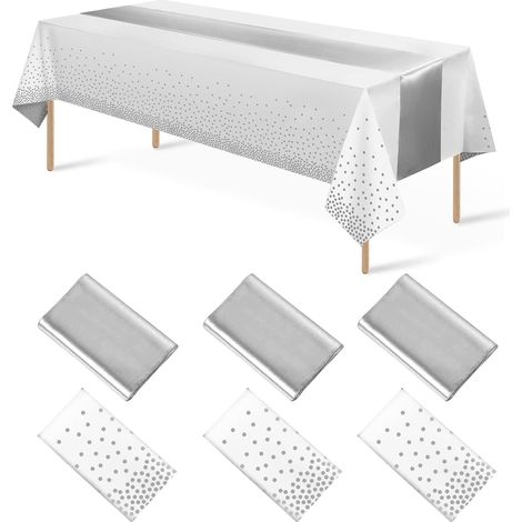3 nappes jetables rectangulaires en plastique blanc et bleu clair, 137 x 274 cm, motif pois or clair, idéales pour mariage, anniversaire, baby shower (1/5)