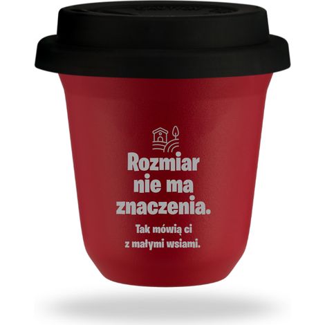 80 ml roter Becher „Größe spielt keine Rolle“ mit schwarzem Deckel
