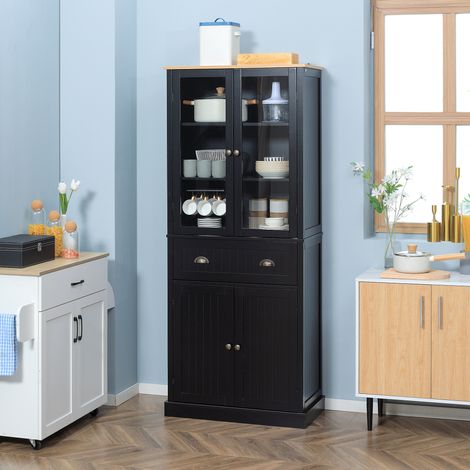 Aparador/mueble de almacenamiento de cocina con 4 puertas (2 de cristal y 1 cajón) y estantes ajustables - negro