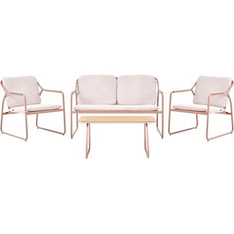 Ensemble de Salon de Jardin Moderne en Acier Thermolaqué 4 Places avec Coussins Table Basse en Verre Trempé Beige Clair Calascio (1/5)