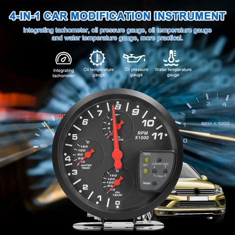 5-Zoll-Multifunktions-Autoinstrument mit 4 Funktionen: Drehzahlmesser, Öldruckanzeige, Temperaturanzeige, Wasserstandsanzeige, Alarmfunktion mit 7-farbiger Hintergrundbeleuchtung