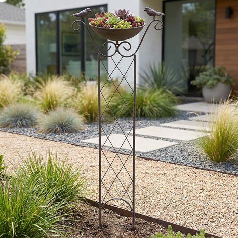 Pflanzschale Blumentopf Garten Rankhilfe Vogelskulptur braun Metall H 82cm (1/5)