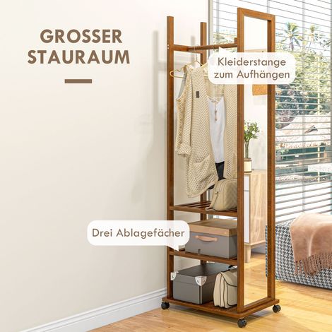 Miroir 2-en-1 sur pied avec penderie, 1 barre de suspension, 3 tablettes, 35,8 x 59,8 x 170 cm, bois naturel
