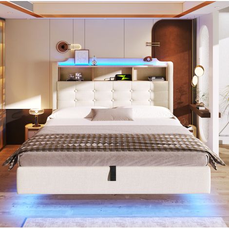 lit adulte coffre rangement 140x200 lin beige OKMYHOME (1/5)