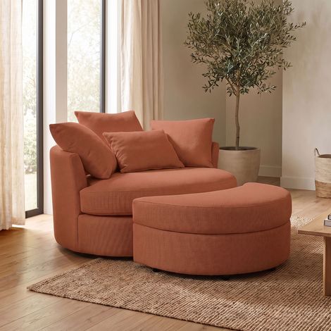 M&S – Fauteuil rond loveuse pivotante – Tissu texturé terracotta – Rotation 360° – Coffre de rangement intégré – 4 coussins déco inclus (1/5)