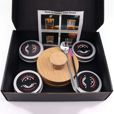 (Grand couvercle) Kit fumoir à cocktails pour whisky, fumoir en bois avec couvercle, idéal pour les boissons, la cuisine et le bar. Accessoires et outils pour bar et cocktails. (1/5)