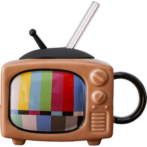 Set quadratischer Keramik-Kaffeetassen mit Strohhalm – Retro-TV – Schokolade