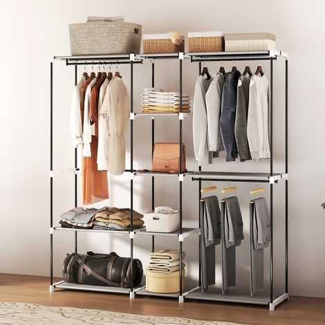 Kleiderschrank 182 x 43 x 185 cm, offener Kleiderschrank mit 8 Stoffregalen, Kleiderstangen, hellgraues Metallgestell
