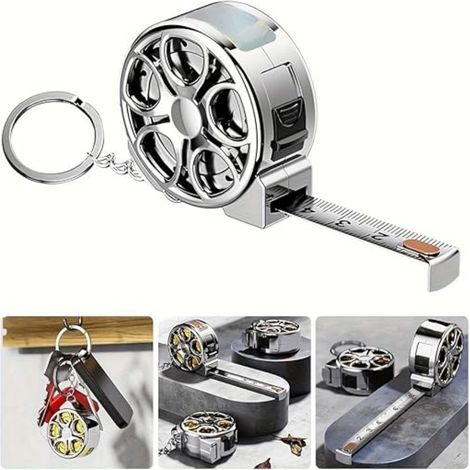 Mini mètre ruban rétractable à roulettes avec porte-clés et échelle en centimètres, outil de mesure en acier inoxydable, idéal pour les passionnés d'automobile. (Doré) (1/5)