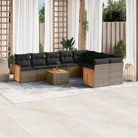 10-tlg. Garten-Sofagarnitur mit Kissen Grau Poly Rattan (1/3)