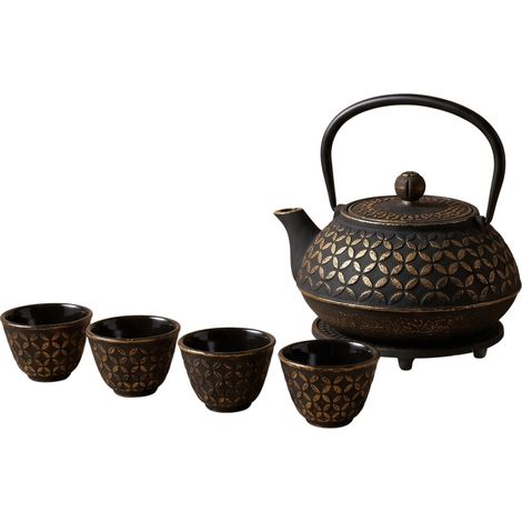 Gusseisen Teekanne mit Sieb, Tassen und Untersetzer KAZEL, 1 l, schwarz (1/5)