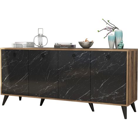 Buffet en bois noyer et noir effet marbre 4 portes Elite 180cm (1/5)