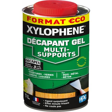 Gel décapant multi-supports 1L – Action rapide en 3 minutes – Ne coule pas – Pour bois, métal et béton – Technologie Décapex – Xylophene