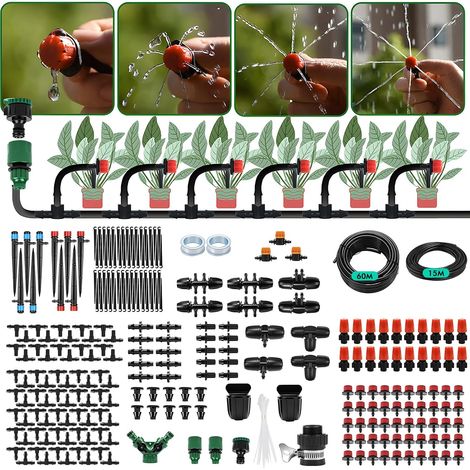 Système d'irrigation Jardin, 315 Pièces Micro Irrigation Goutte à Goutte Kit avec 60M + 15M Tuyau, Kit Arrosage Automatique pour Paysage Refroidissement, Pelouse, Plante, Potager (1/5)