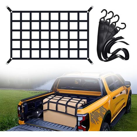 Filet de chargement robuste pour benne de pick-up - 168 x 127 cm, capacité de 500 kg, avec sangles de serrage réglables, crochets en S et sac de rangement à cordon de serrage - en nylon résistant pour (1/5)