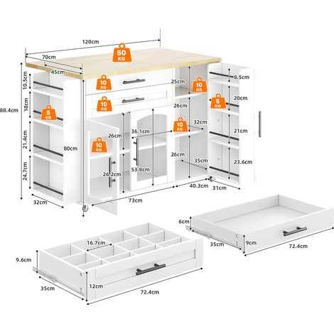 Îlot de cuisine mobile avec plan de travail rabattable, chariot de cuisine à 5 roulettes, rangements multiples, porte-épices, tiroir à couverts, 120 x 45 (70) x 90 cm (1/5)