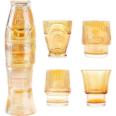Ensemble de 4 tasses pliables en verre, motif carpe koï, pour eau, boisson, thé, café, etc. (Or) (1/5)