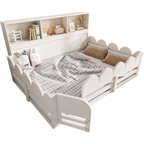 DESVIAE Lit au sol enfant 140 x 190 cm avec barrière de sécurité porte et étagère en bois blanc avec sommier à lattes (1/4)