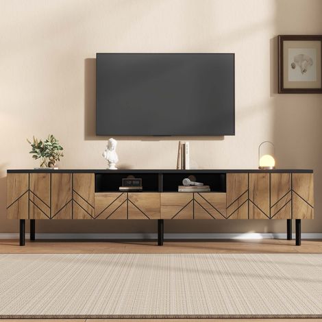 Meuble TV 180 x 40 x 45 cm - Panneau de particules noir/effet bois - 2 tiroirs, 2 portes (1/5)