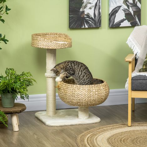 Arbre à chat avec sisal griffoir, 2 niveaux, 72 cm de haut, poteau grattoir, cabane intégrée, plateforme et balle suspendue