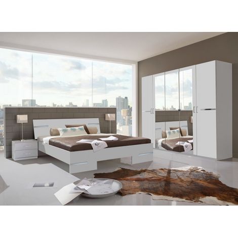 Pegane – Chambre complète adulte 160x200 cm – 2 chevets et armoire – Panneaux mélaminés blanc/chrome brillant – Confort optimal (1/2)