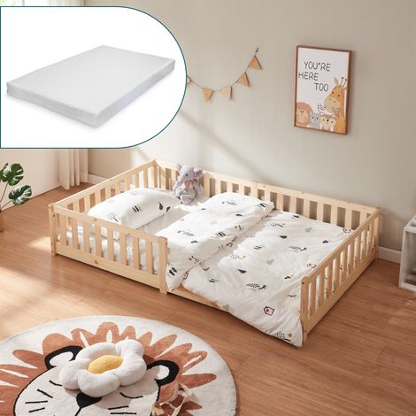 Cama montessori infantil Tanna con barandilla y colchón 120x200cm Natural [en.casa] (1/5)