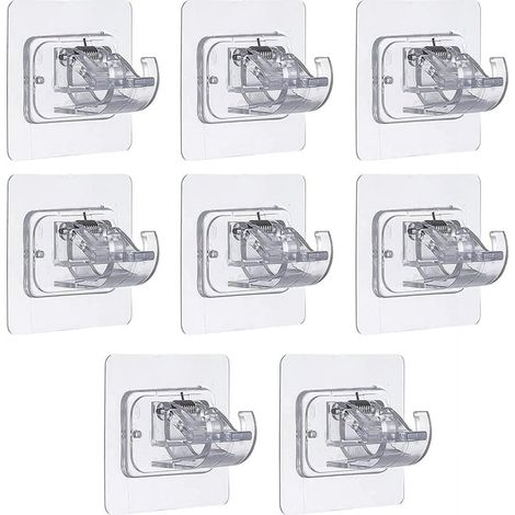 Juego de 8 soportes para barra de cortina, adhesivos, no requieren perforación, ganchos ajustables de ABS, para baño y decoración. (1/5)