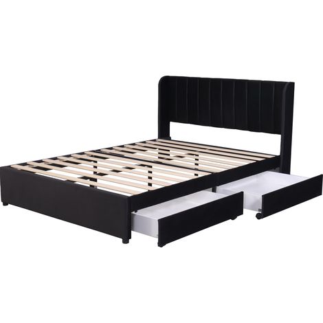 Cama tapizada 160 x 200 cm de terciopelo con somier de láminas, cabecero y 2 cajones, negro HOMVRA (1/5)