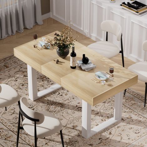Table à manger extensible 120-160 cm pour 8 personnes, gain de place, structure stable, bois et brun rustique - blanc (1/5)