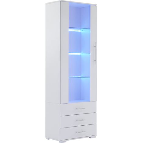 Vitrine blanche brillante avec LED, 3 tiroirs et porte acrylique, 60 x 35 x 180 cm (1/5)
