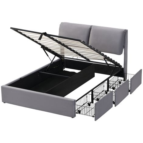 Polsterbett, hydraulisches Bett, drei Schubladen, Bettkasten zur Aufbewahrung, Lattenrost mit Kopfteil, ohne Matratze, Samt