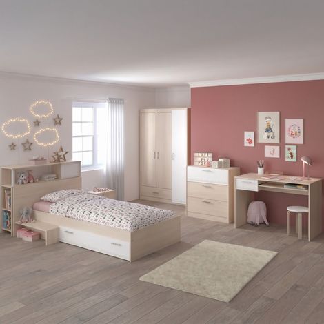 Chambre complète lit 90x190 avec environnement + armoire 2P + bureau + commode - CHARLINE (1/5)
