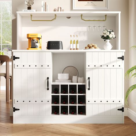Sideboard (120 x 40 x 120 cm), modernes minimalistisches Design, elegante Holzmaserung, Weinglasregal, mehrschichtige Aufbewahrung, elegantes Weiß mit schwarzem Dekor, Trennwand