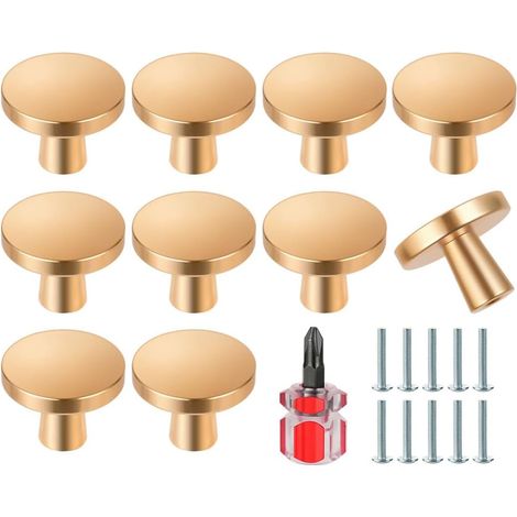 10 pièces boutons de porte dorés, ronds, pour meubles, tiroirs, cuisine, avec tournevis. (1/5)