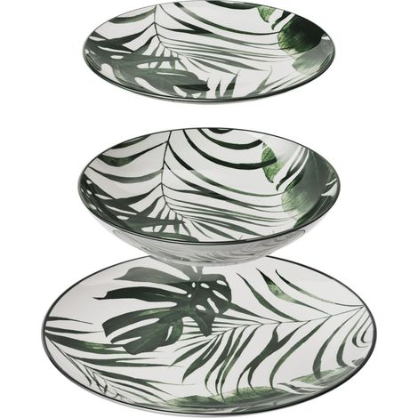 Service vaisselle 18 pièces – Assiettes rondes en porcelaine – Imprimé végétal vert – Empilable pour rangement facile – Secret De Gourmet