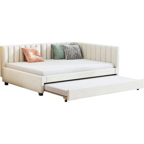 Lit rembourré 140200, canapé-lit gigogne extensible, lit multifonction avec sommier à lattes, lits pour adolescents, lits pour enfants, lits d'appoint, tissu en velours beige