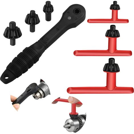 Ratschen-Bohrfutter-Schlüssel Set – Einseitiger Griff mit 3 austauschbaren Bohrfutterköpfen (1,5–10mm, 1,5–13mm, 3–16mm) + 3 Bohrfutterschlüssel (3/8", 1/2", 5/8") (1/5)