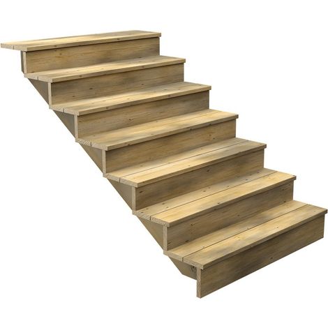 Escalier Bois Exterieur - 7 Marches Pleines - Largeur : 1m20 - Hauteur : 1m19 - Avec Contremarches - Pin du Nord - Traité Autoclave
