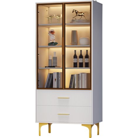 Elegante Glasvitrine Weiß mit LED Beleuchtung App-Steuerung, 70x35x150cm Standvitrine Hochschrank mit Glastüren & Schubladen, Goldene Beine